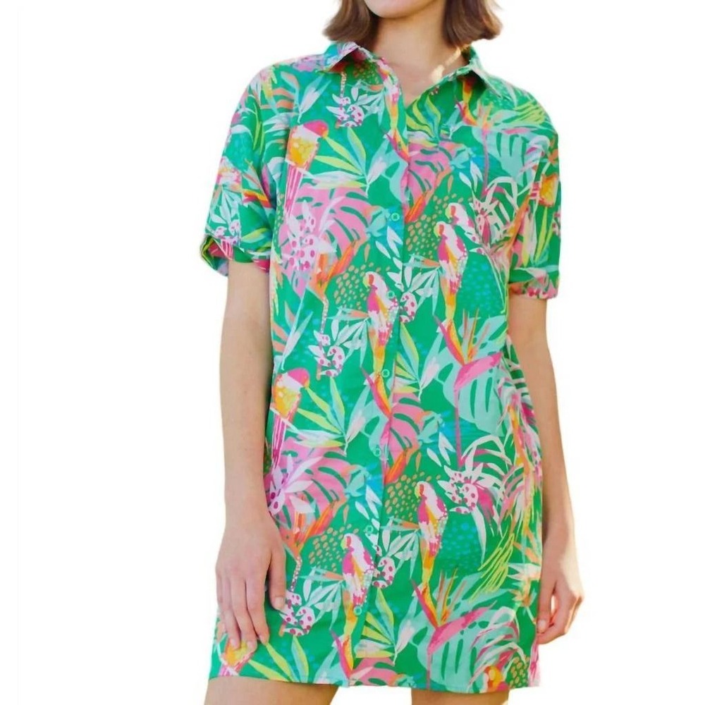 Michelle McDowell Dani Dress Green Tropical Parrot Print Shirt Dress Tunic Large
